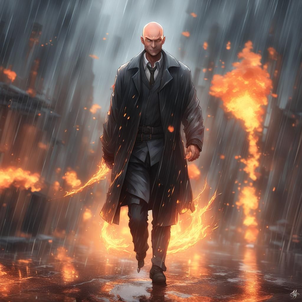 Fiery Aura: Bald Man in Rain, 3D Anime Art