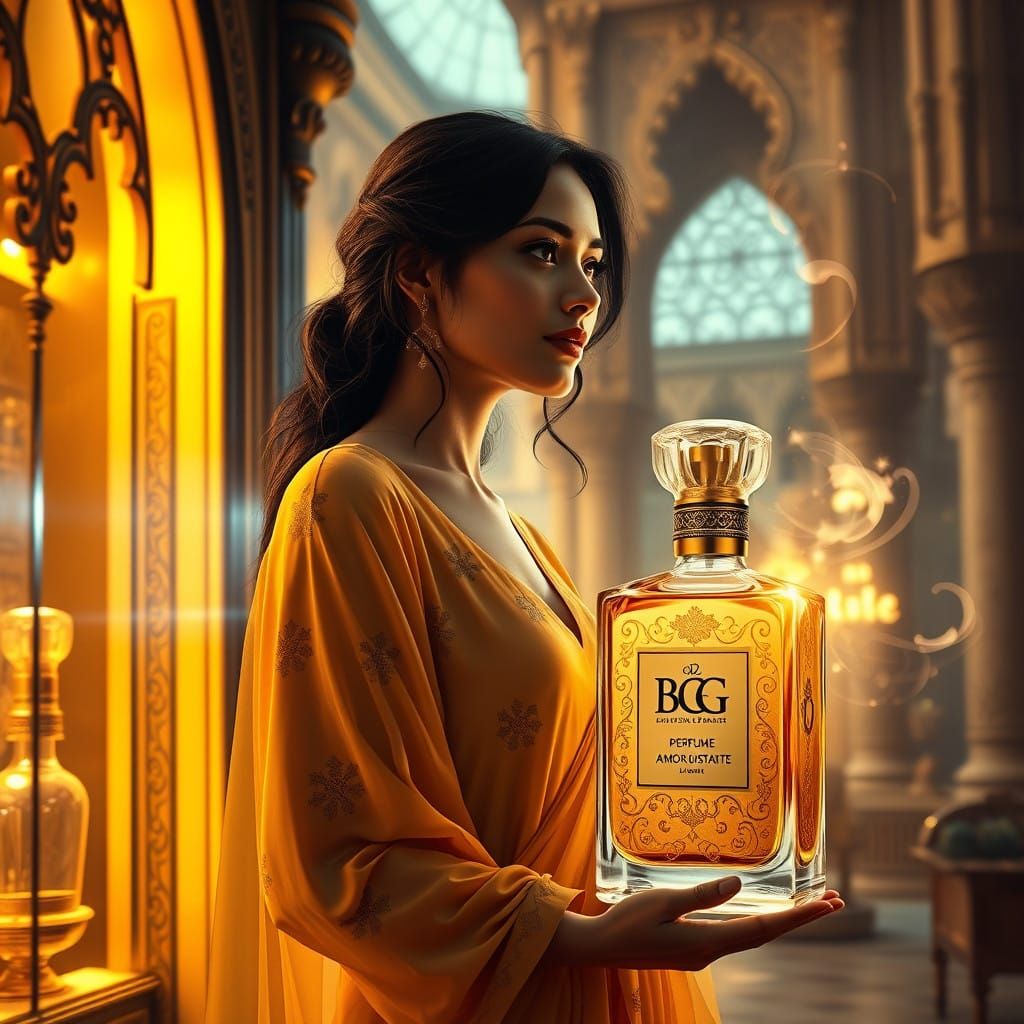 Uma linda mulher paquistanesa 23 anos ao lado da vitrine de luxo olhando O Perfume de Um Amor Distante com as letras "BG...