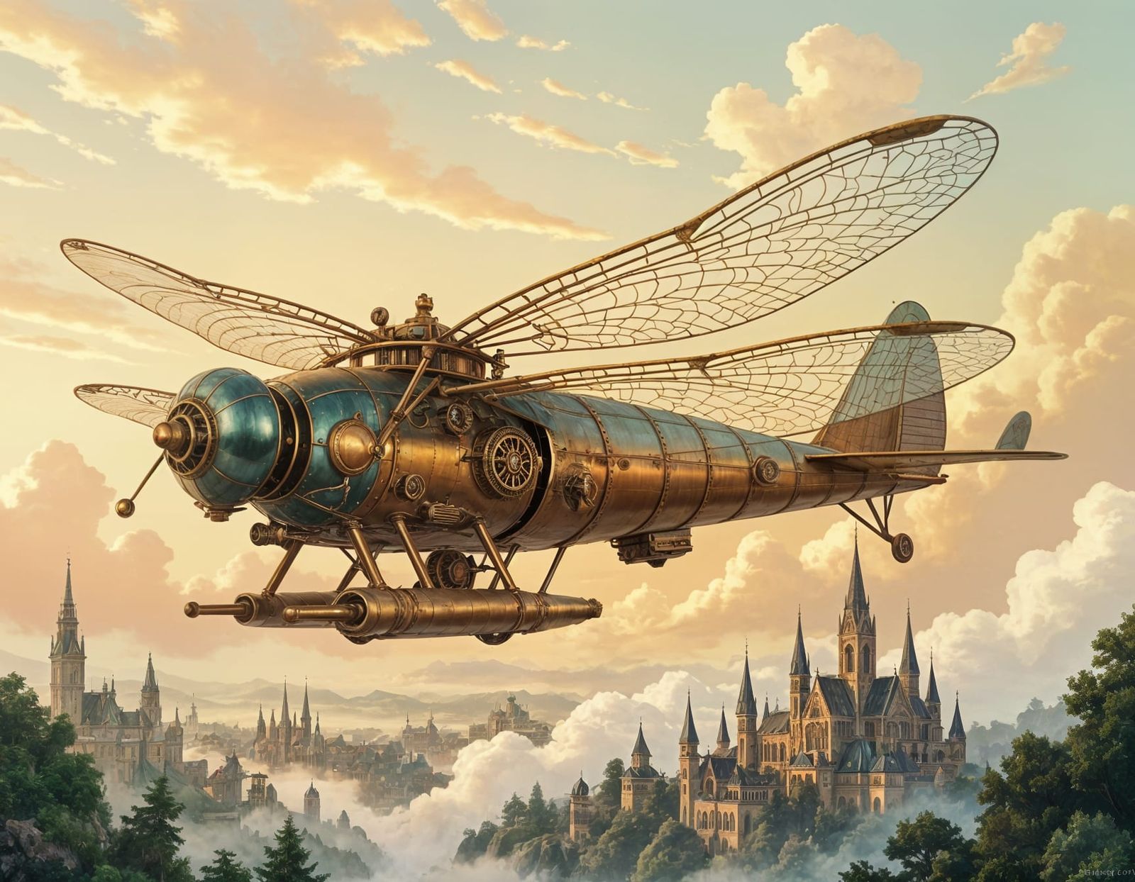 Steampunk Dragonfly Airship in Fantasy Watercolor Style