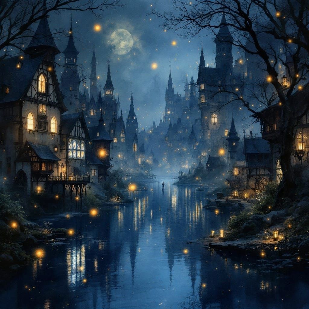 Surreal Watercolor Cityscape at Dusk with Fireflies