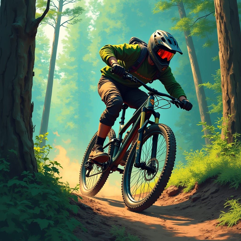 Mountain Biker Downhill Race: Retro-Futuristic Art
