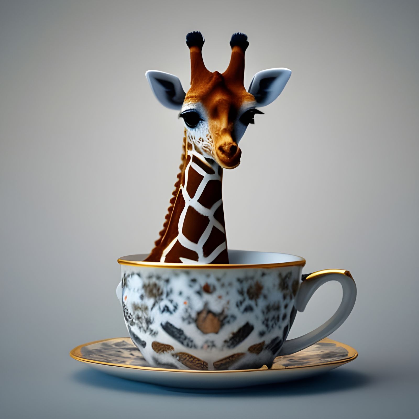 Miniature Giraffe in Teacup: Hyperrealistic 3D Render
