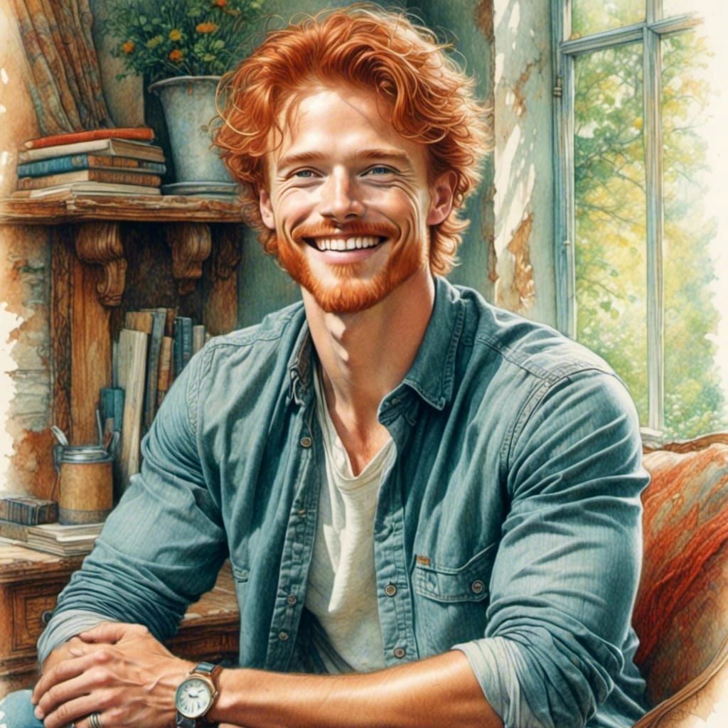 Redhead Man Portrait in Colored Pencil Drawing