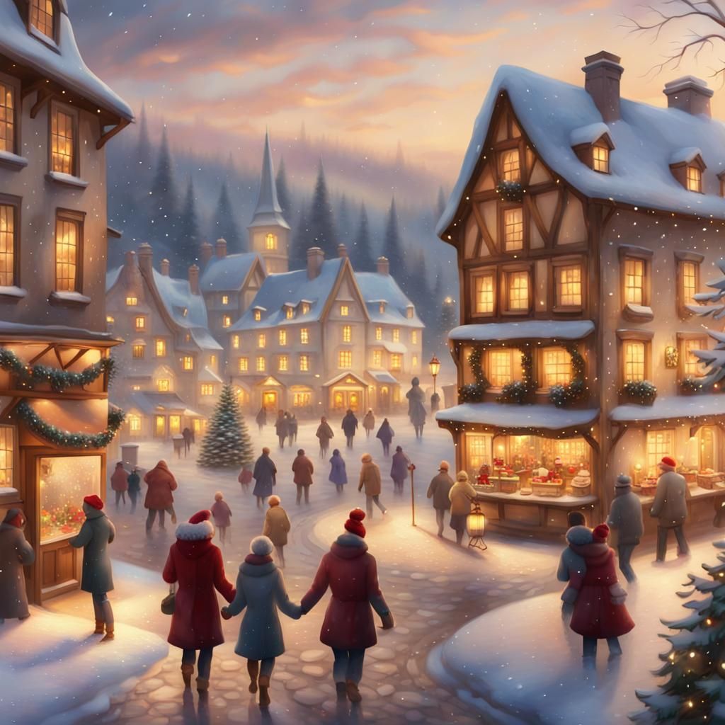 Whimsical Winter Village Scene in Oil Painting Style