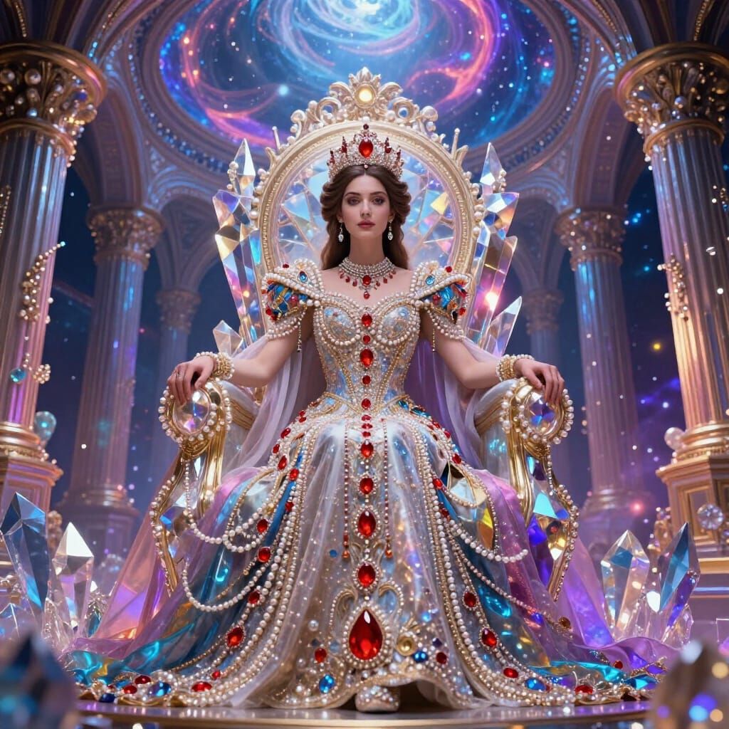 Regal Woman on Crystal Throne in Cosmic Palace