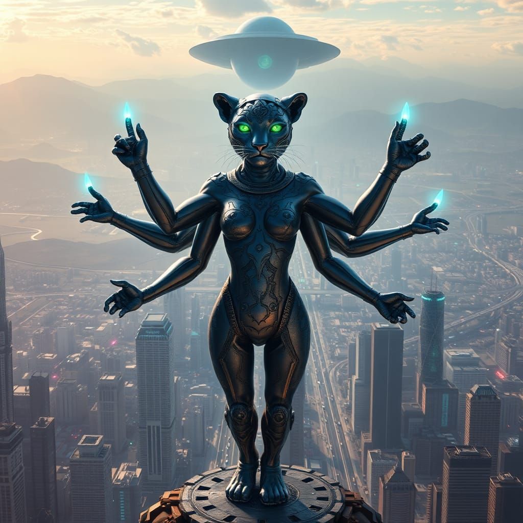 Blue Leopard Goddess in Cyberpunk Metropolis