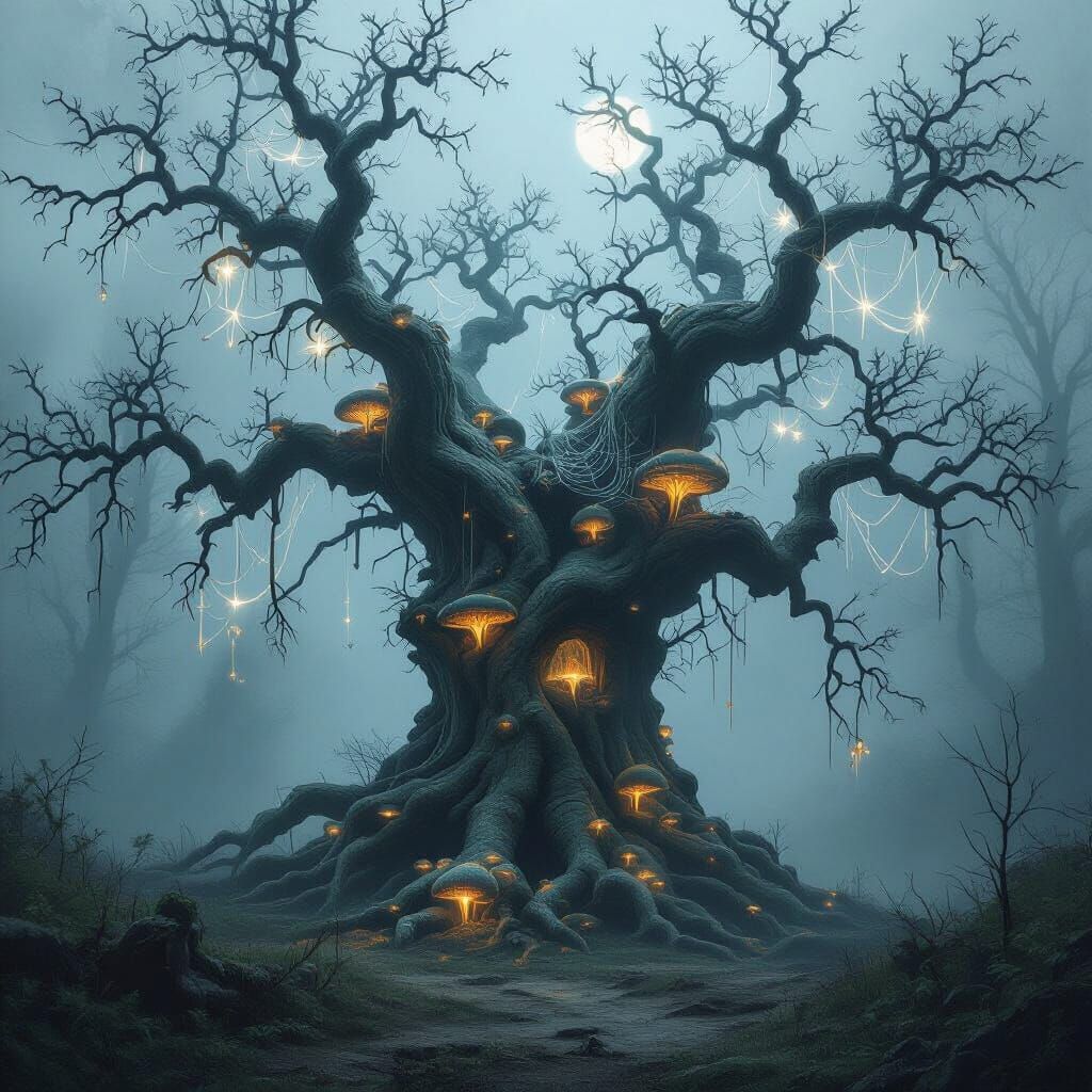 Ancient Gnarled Tree in Misty Forest with Luminous Webs