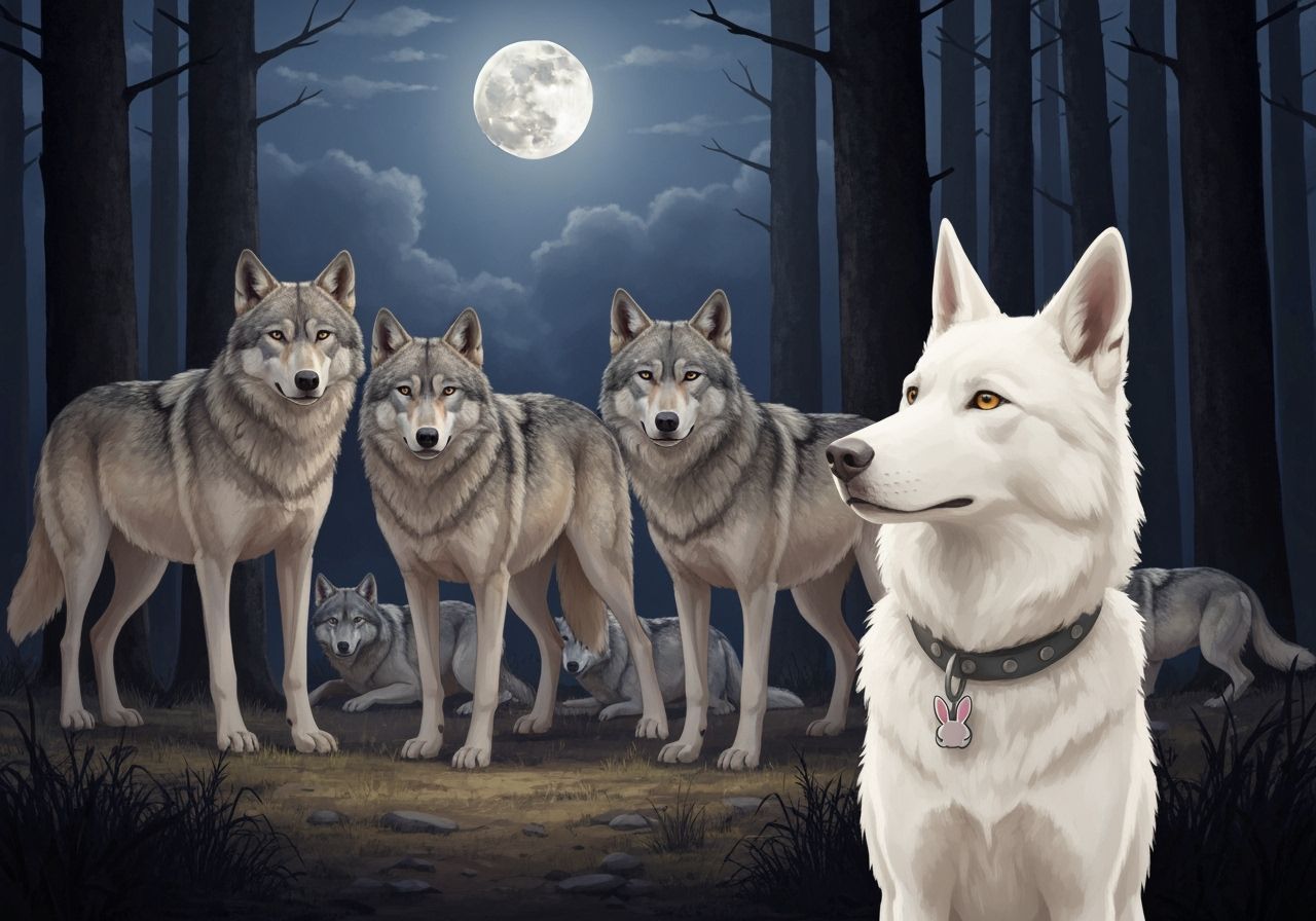 Wolf-Dog Hesitates to Join Pack in Moonlit Forest