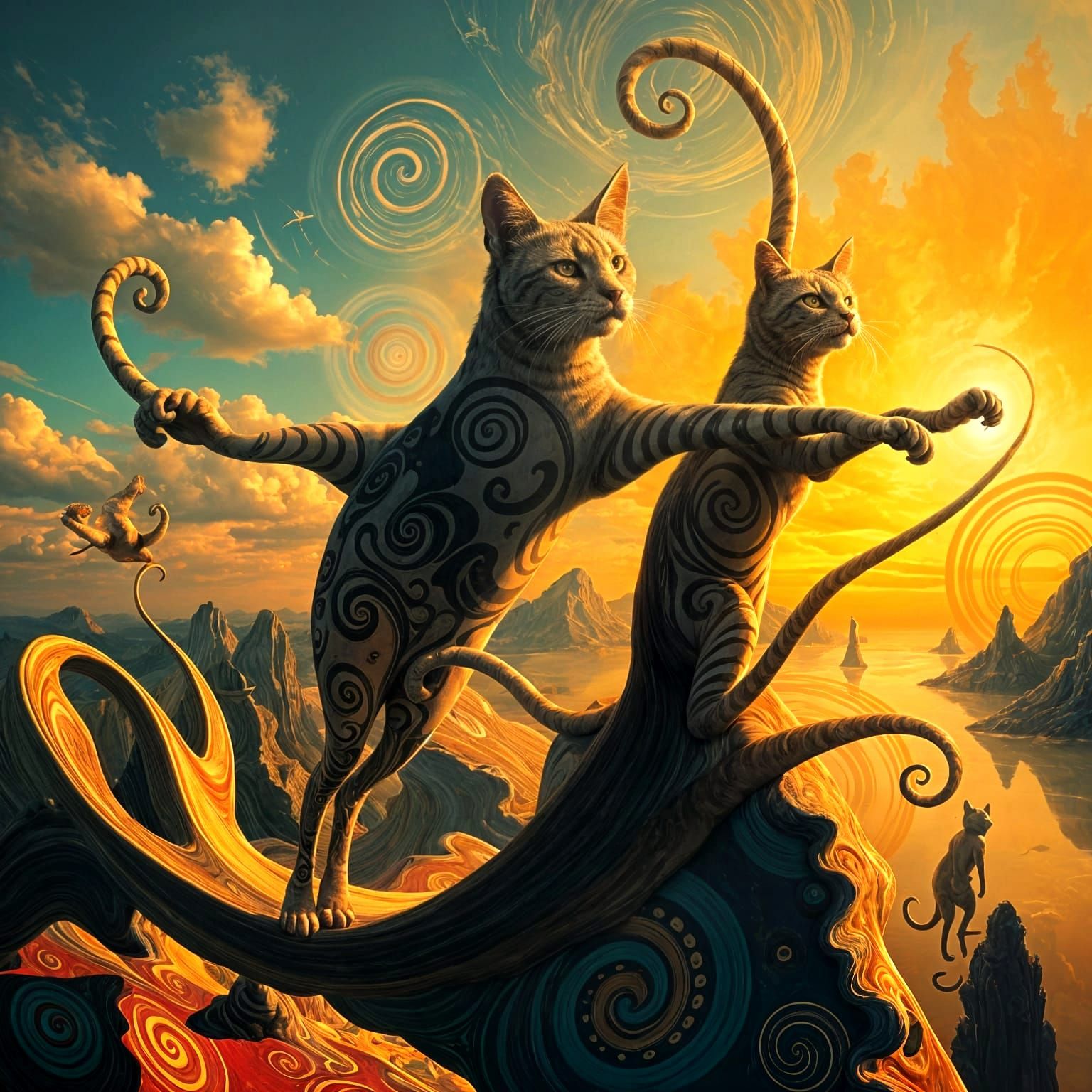Colossal Cats Float Above Melting Surreal Landscape