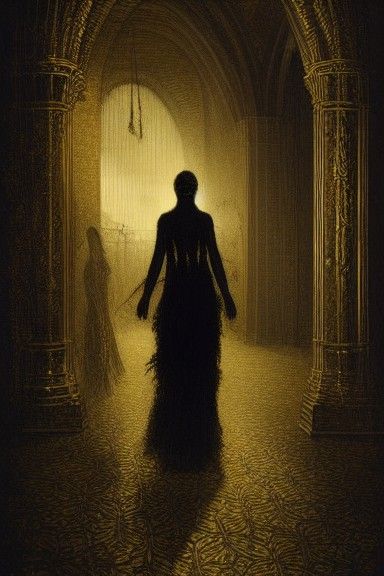 Woman in Black and Gold Dress Among Shadows