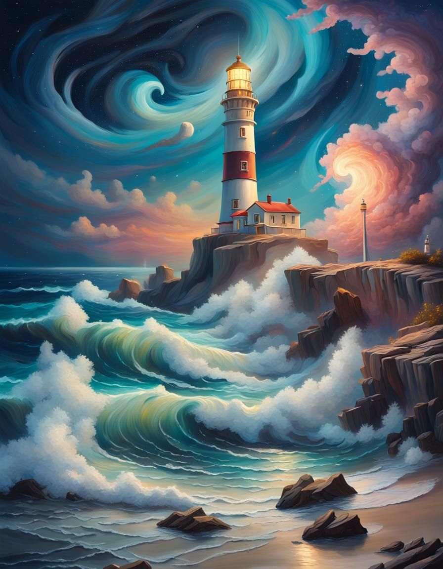 Surreal Lighthouse Under Starry Night Sky