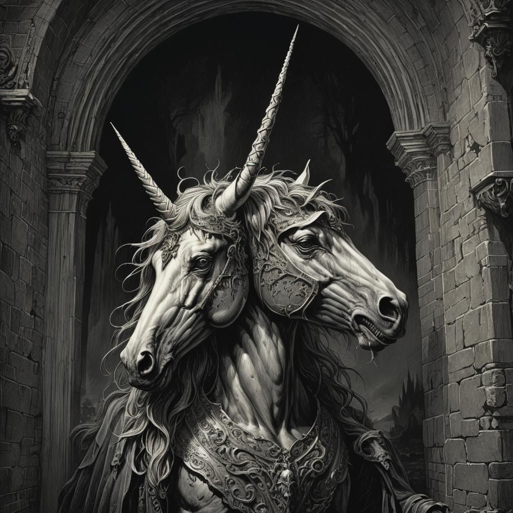 Menacing Unicorn in Shadows, Horror Illustration