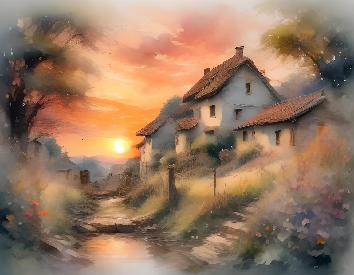 Village Sunset in Soft Watercolour Style