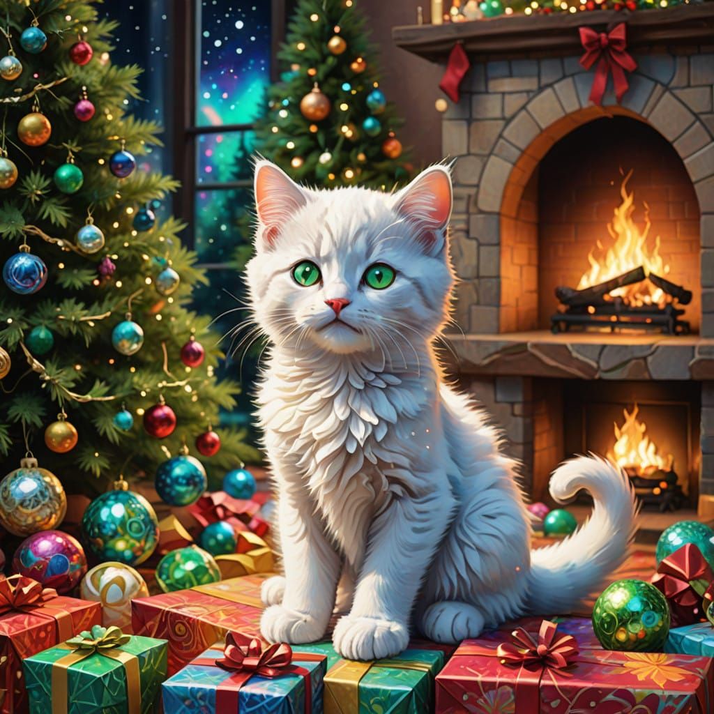 Whimsical Christmas Kitten in Vibrant Holographic Style