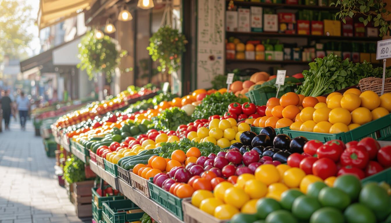 Vibrant Fruit and Vegetable Storefront in Natural Light