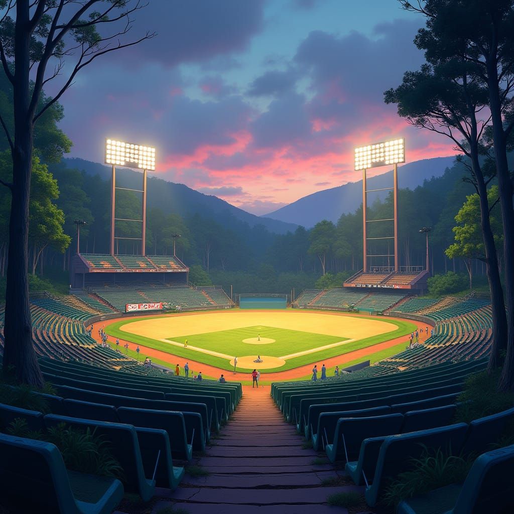 Mystical Baseball Stadium at Dusk in Detailed Matte Painting...