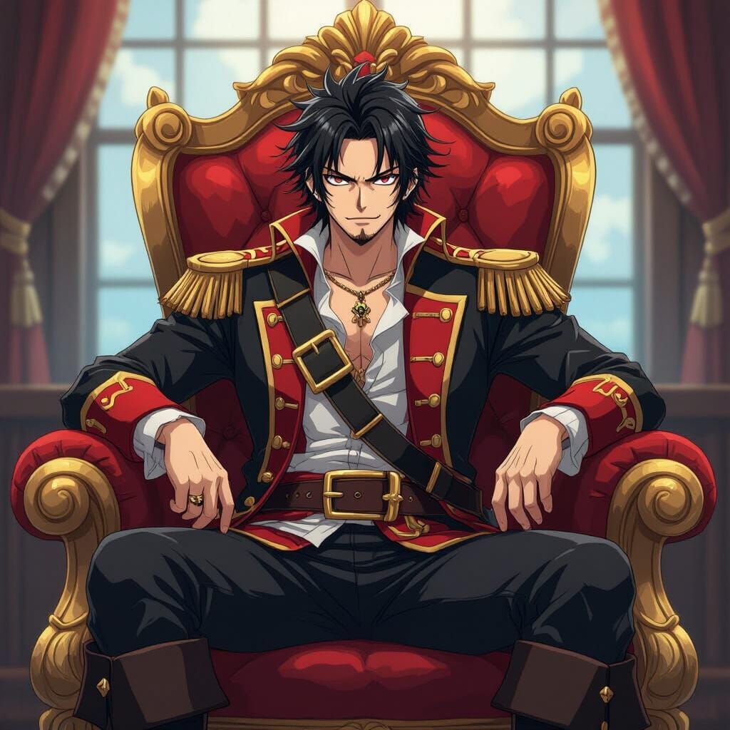 Anime Pirate King on Throne in Vibrant Manga Style