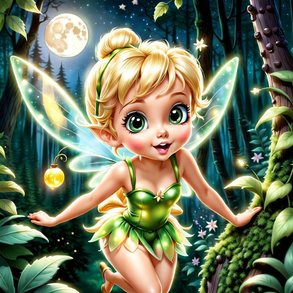 Cute Tinkerbell Flying Through Forest in Candy Art Style