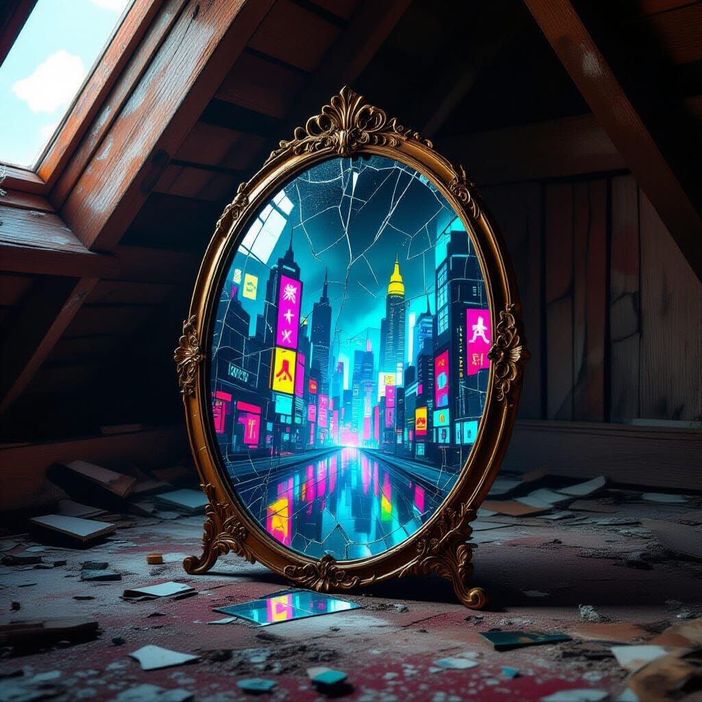 Ornate Mirror Reflects a Cyberpunk Cityscape