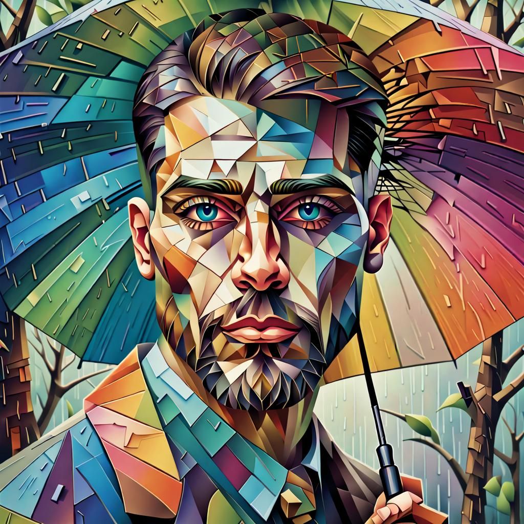 Cubist Man in Rainbow Rain with Umbrella