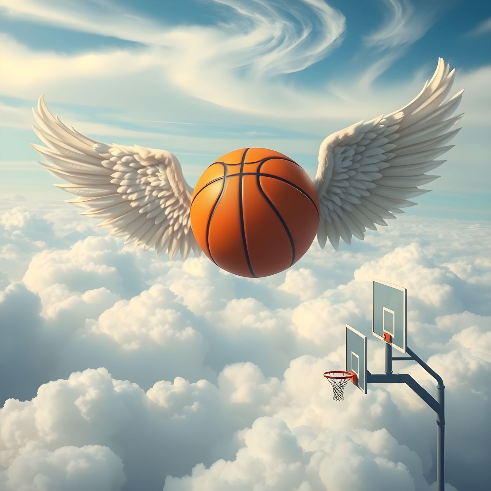 Surreal Basketball Takes Flight in Cloudy Sky