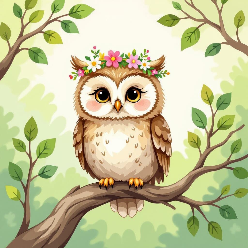 Whimsical Owl with Floral Crown in Watercolor Style
