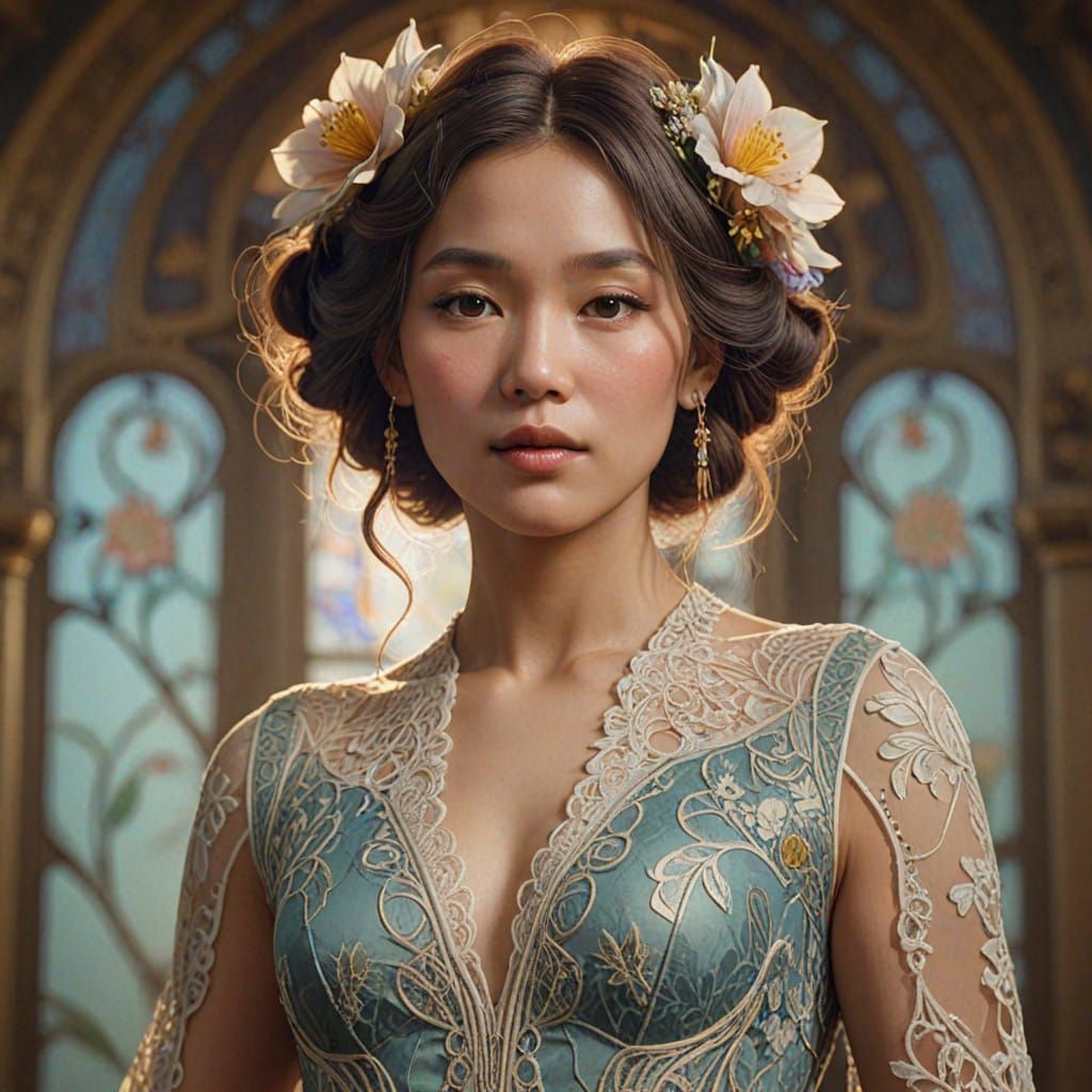 Elegant Woman in Intricate Lace Dress