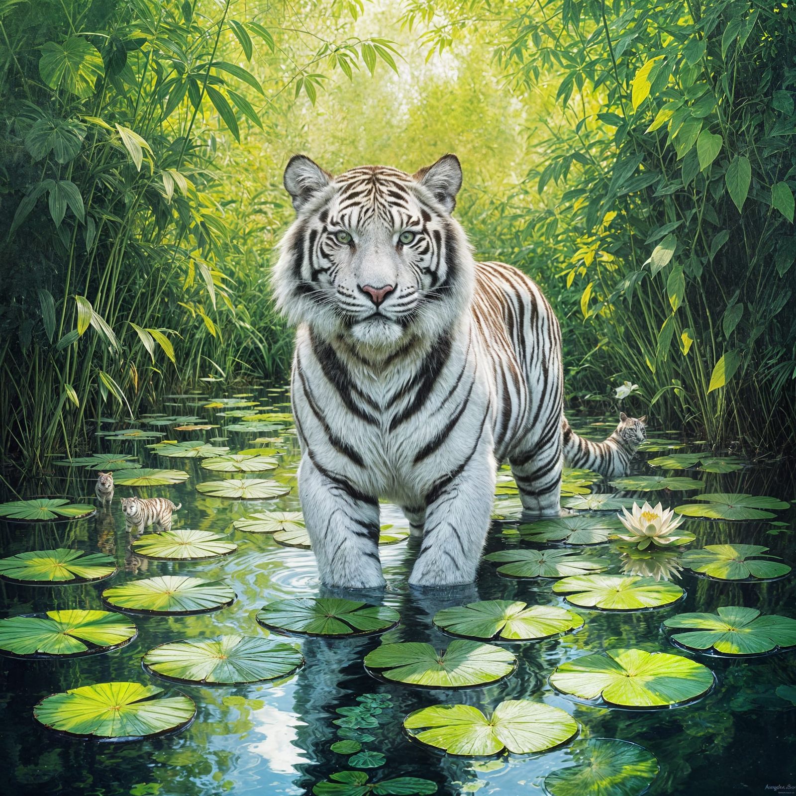 White Tiger in Lush Lily Pad Swamp Impressionistic Scene