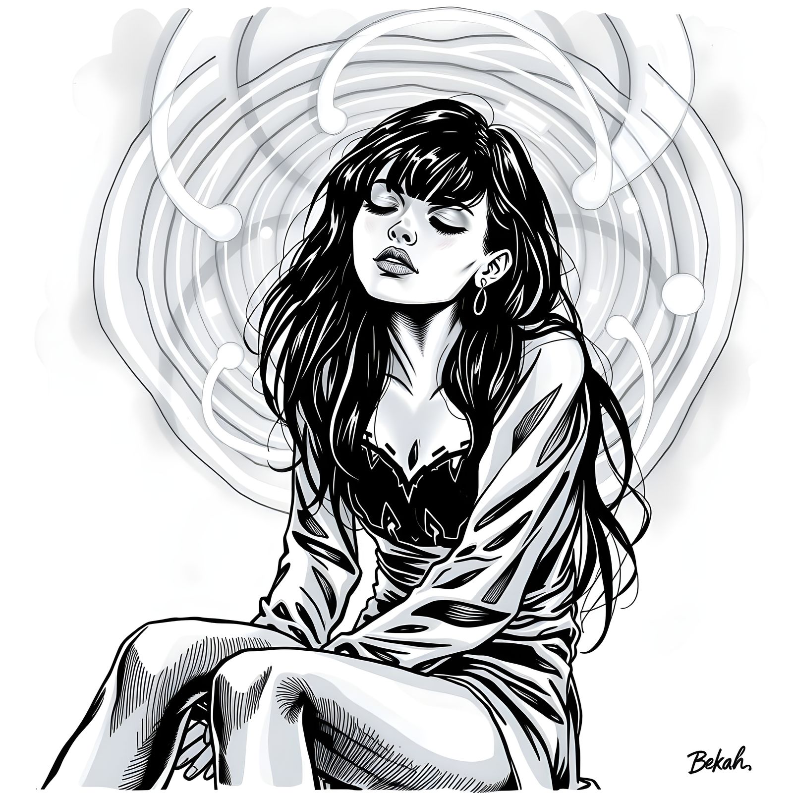 Intense Hypnosis Scene in Dark, High-Contrast Ink Drawing St...