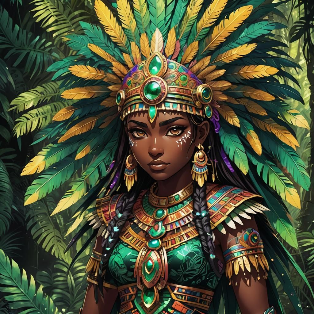 Aztec Anime Girl in Mystical Jungle, Cel-Shaded Style