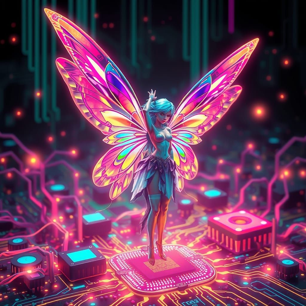 Retro Pixel Art Fairy with Glowing Microchips