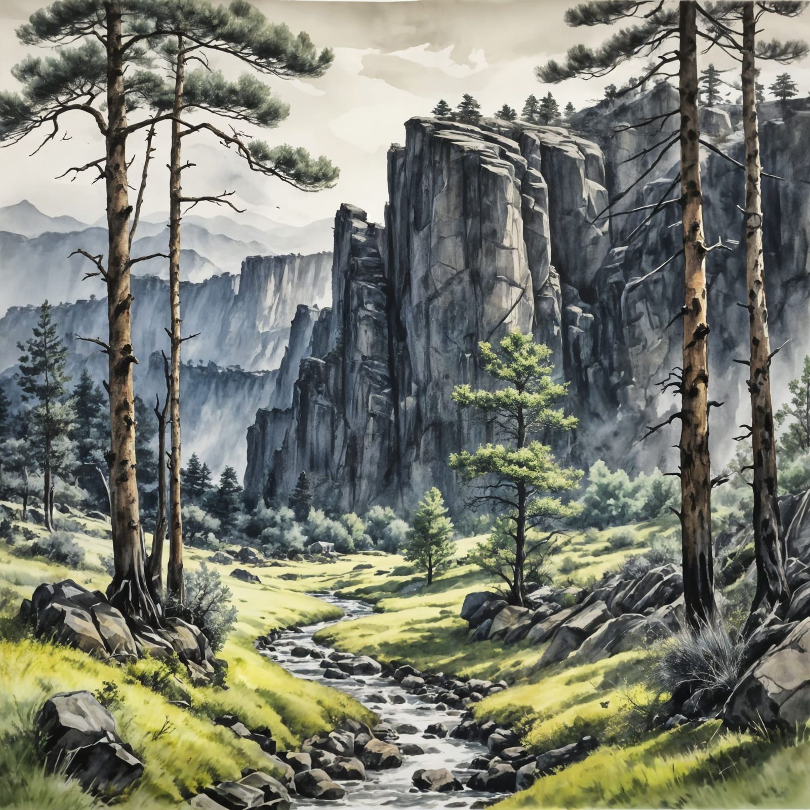Rolling grasslands and basalt cliffs in ink painting style