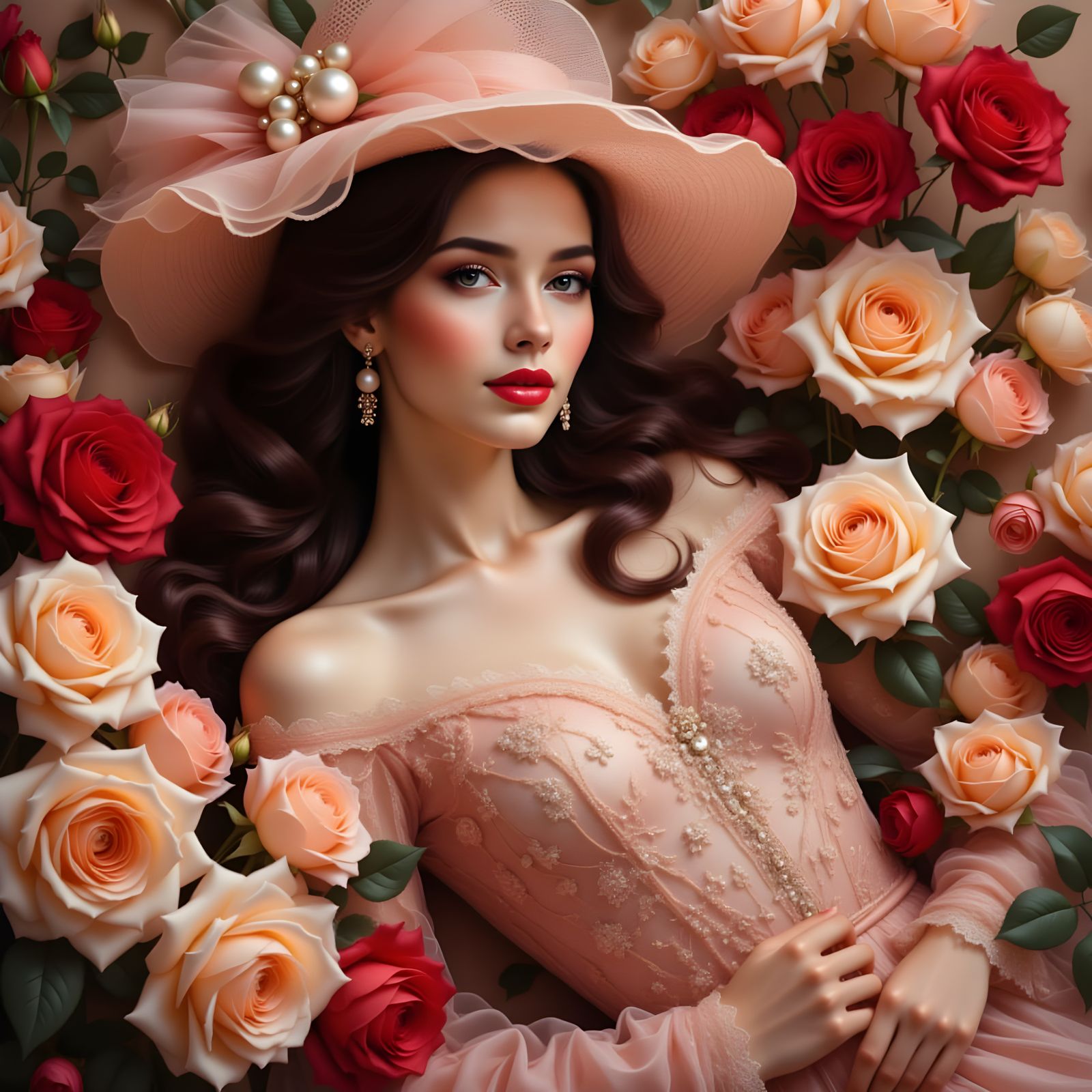 Ethereal Woman in Red Dress Reclining in Roses