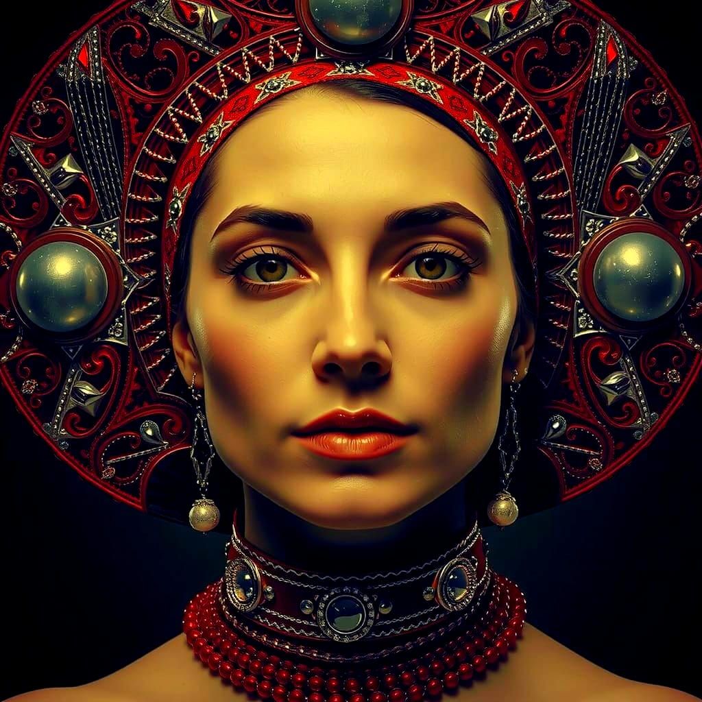 Woman's Striking B&W Portrait with Crimson Streak and Artist...