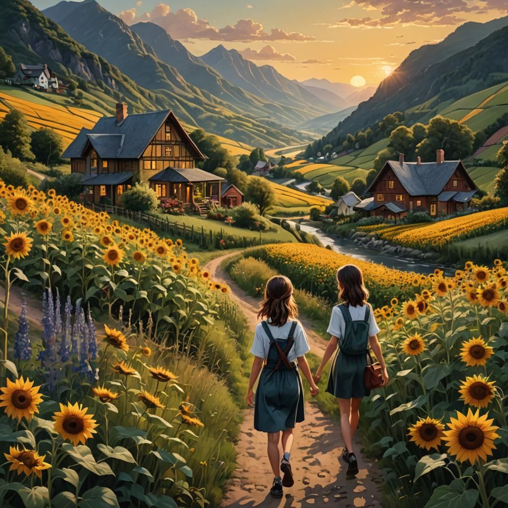 Girls Stroll Through Sunflower Path: Hyperrealistic Art
