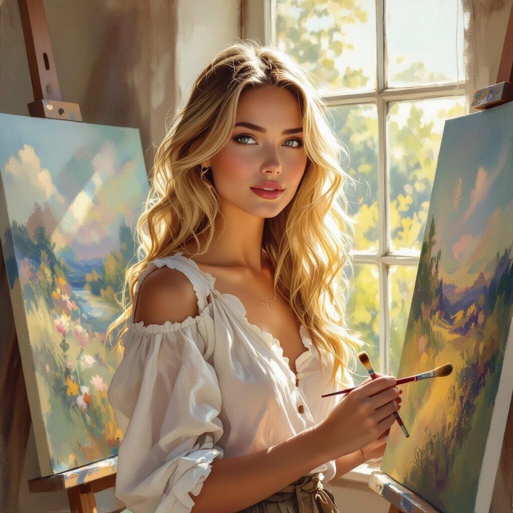 Blonde Artist in Sunlit Studio Holding Brush