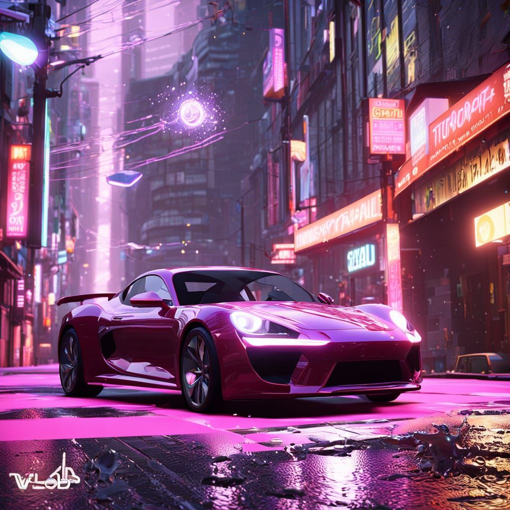 Cyberpunk Tokyo Street with Drifting Sports Car and Neon Lig...
