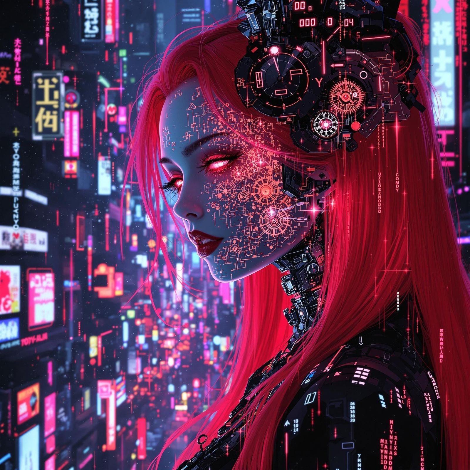 Gothic Cyborg Geisha Portrait in Steampunk Style