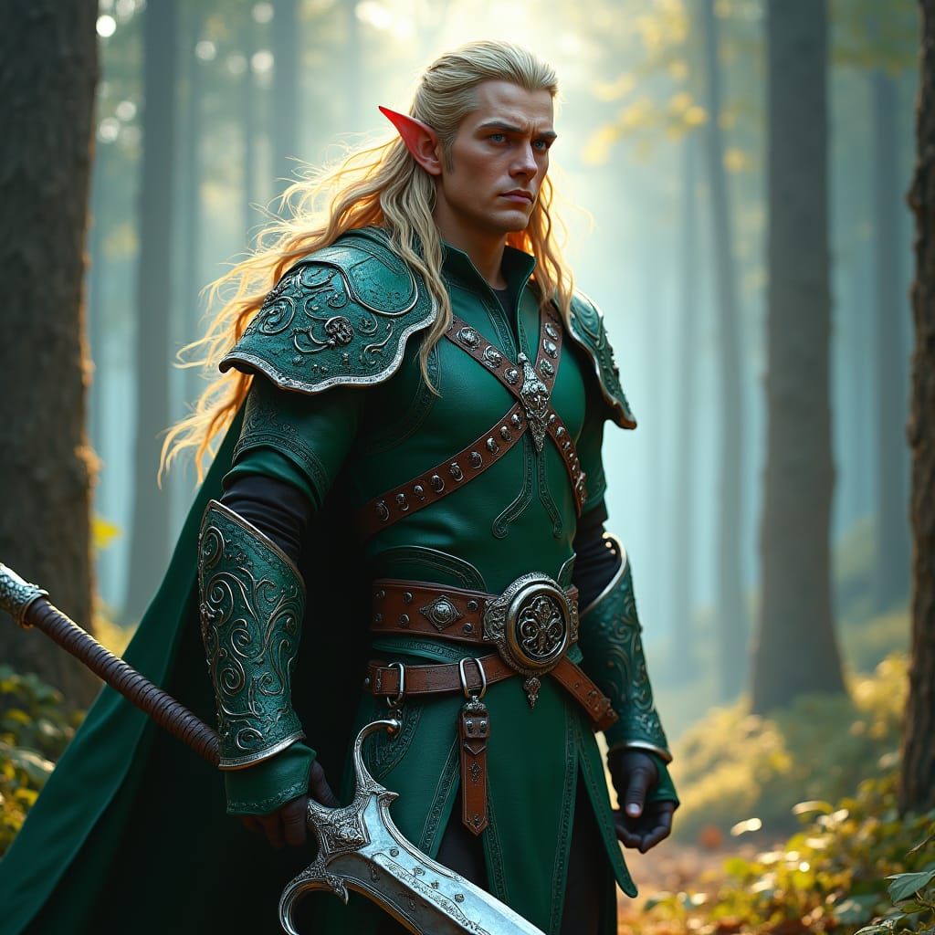 Wood-Elf Warrior in Mystical Forest, Dark Fantasy Art