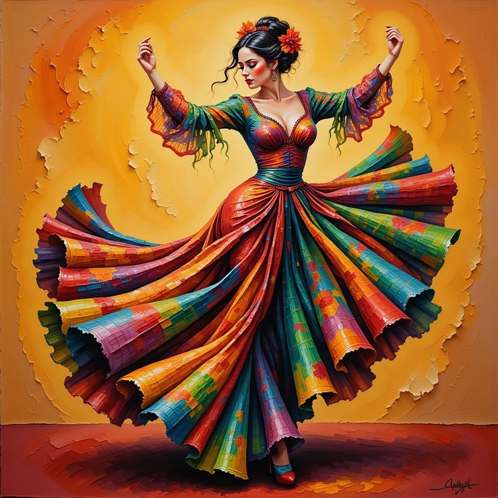 Surrealist Spanish Flamenco Dancer Portrait in Cubist Style