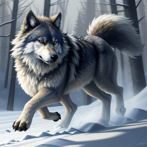 Wolf in Snowy Forest Oil Painting