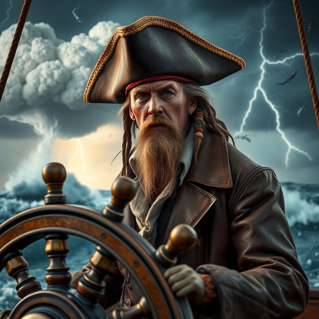 Weathered Pirate Captain at the Helm in Storm