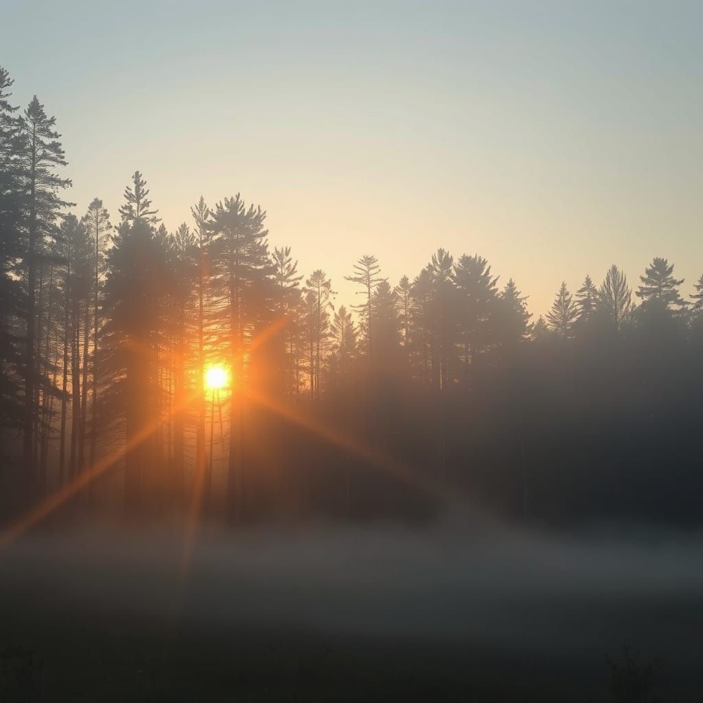 Serene Forest Sunrise in Whimsical Dreamscapes