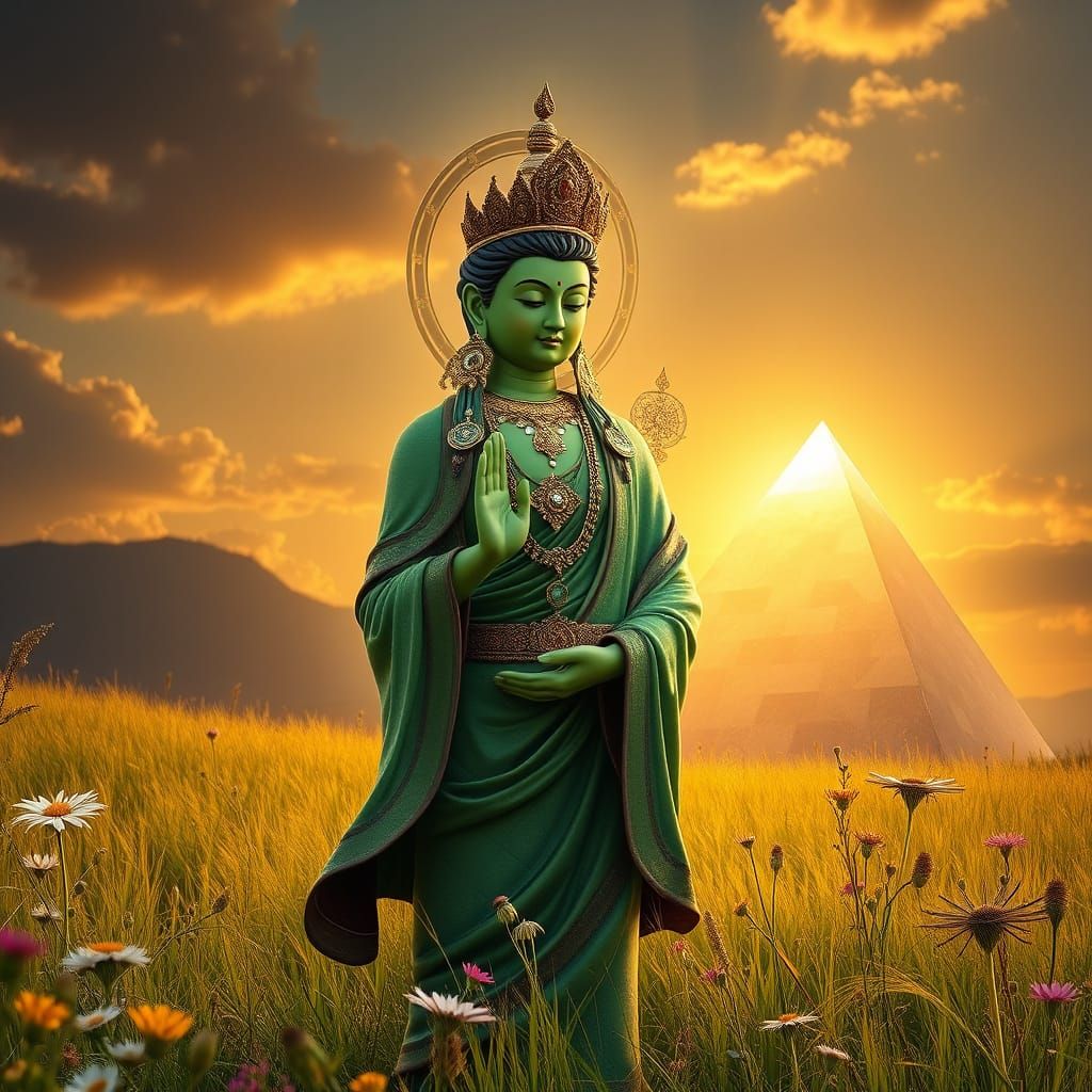 Majestic Green Tara Surrounded by Vibrant Energy Pyramid
