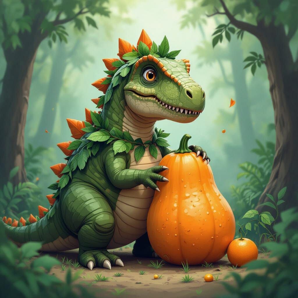 Dinosaur Eating Pumpkin with Organic Textures