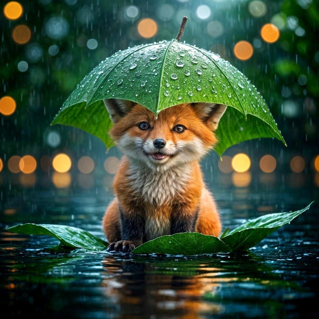 A highly detailed depiction of a cute fox sitting on a big w...