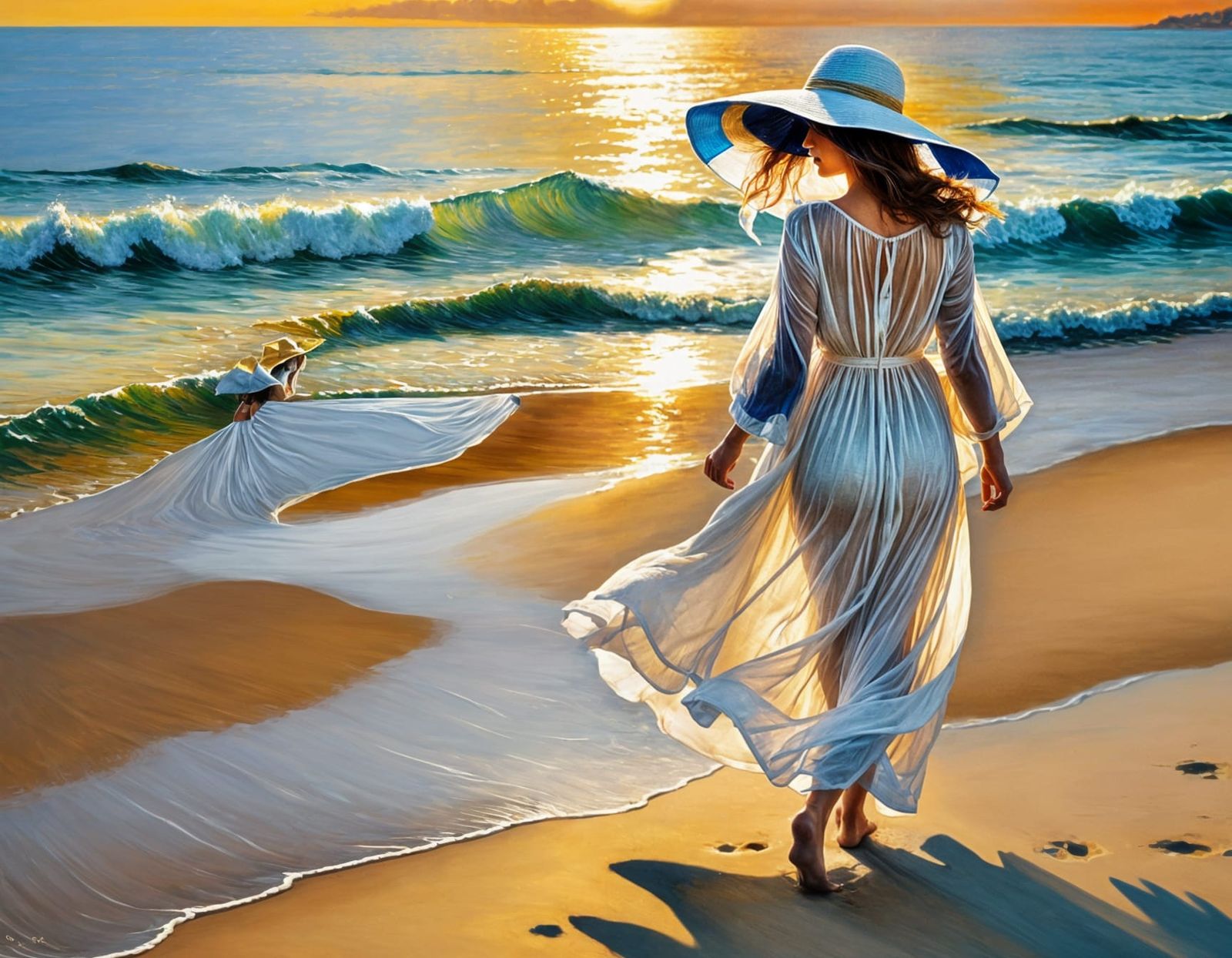 Woman on Beach in Golden Hour, Pointillist Style