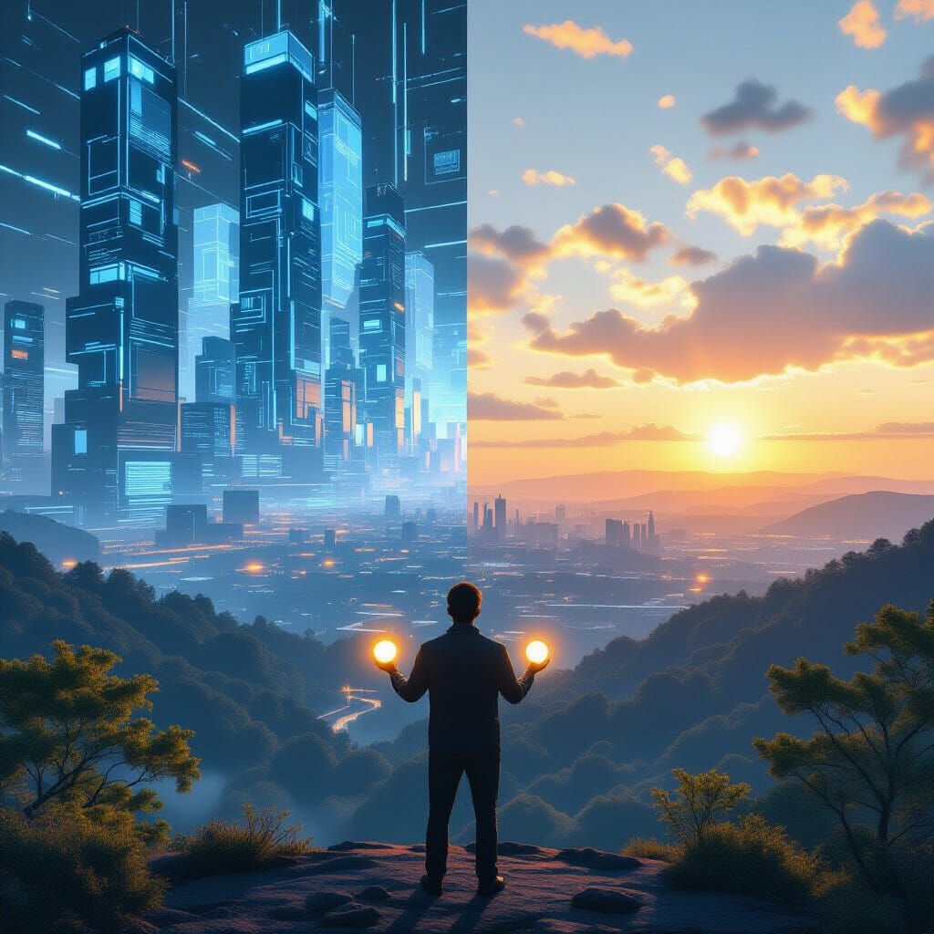 Lone Man Bridges Worlds: Future City and Nature