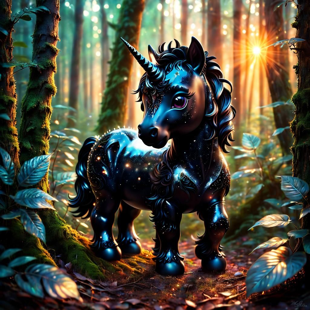 Cute Black Unicorn Cub in Magical Forest