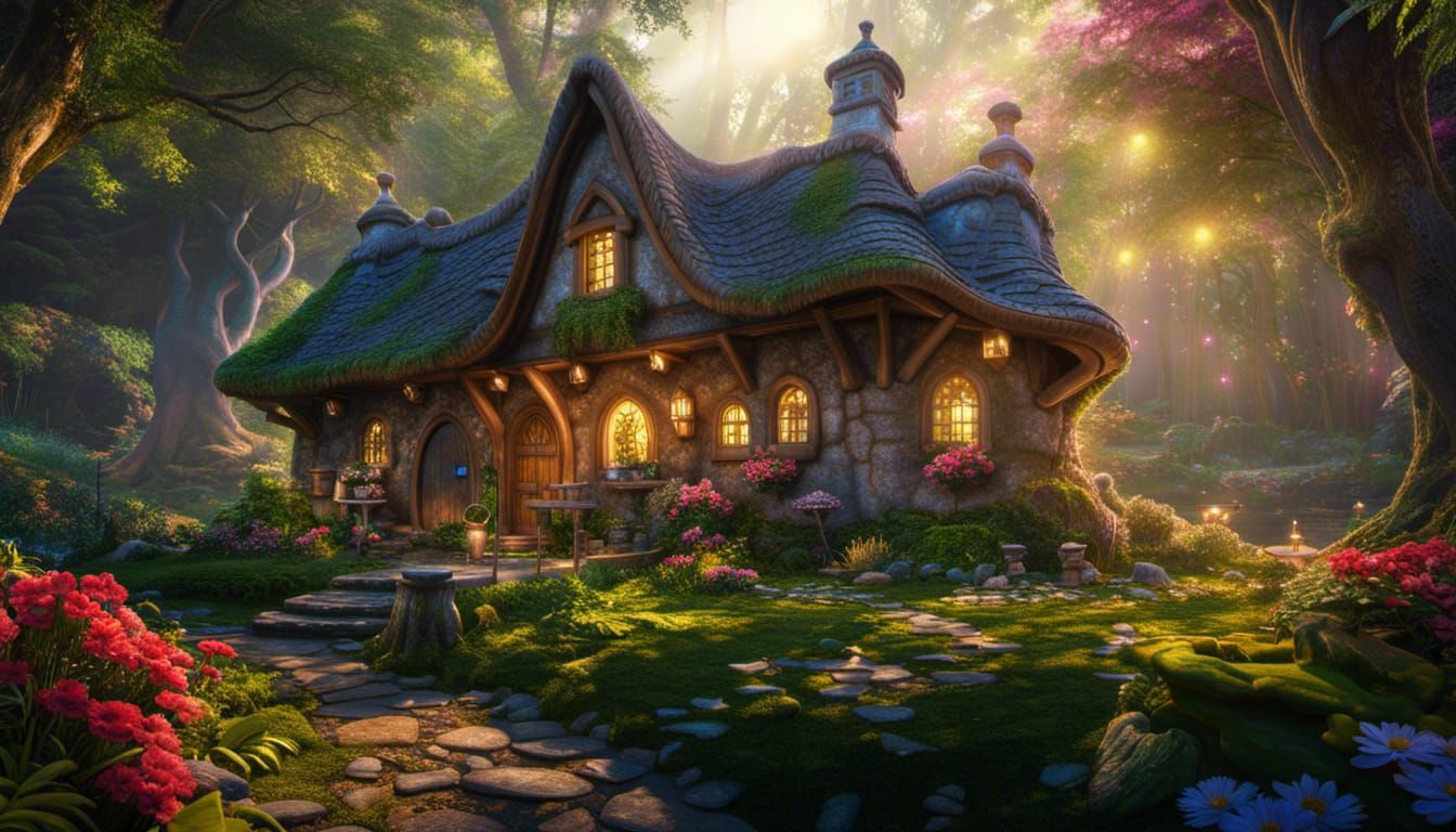 Fairy Cottage in Enchanted Forest: Fantasy Concept Art